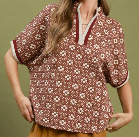 Jacquard Floral Textured Contrast Trim Pullover Top