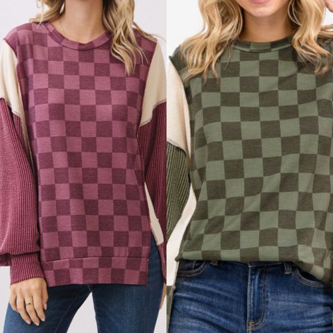 Checkered Print Long Sleeve Pullover Top