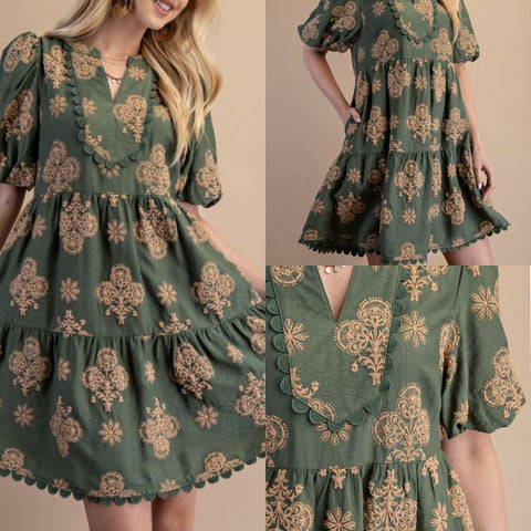 Puff Printed Tiered Mini Dress With Decorative Trim Details