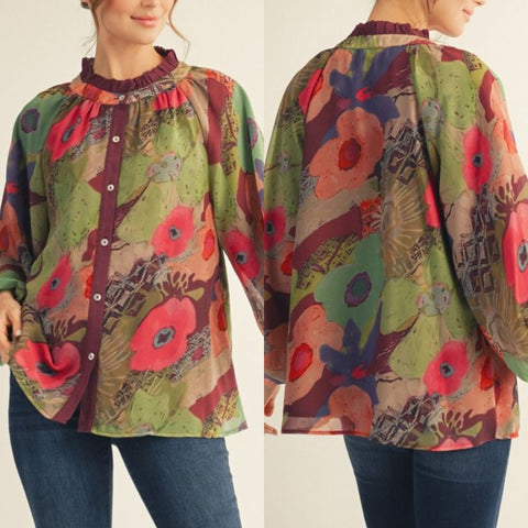 Button Down Floral Chiffon Top