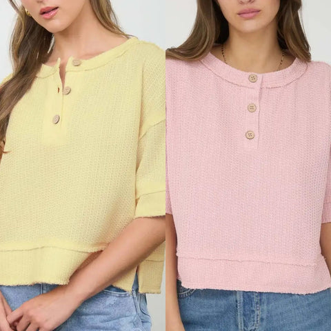 Raw Edge Henley Short Sleeve Waffle Knit Top