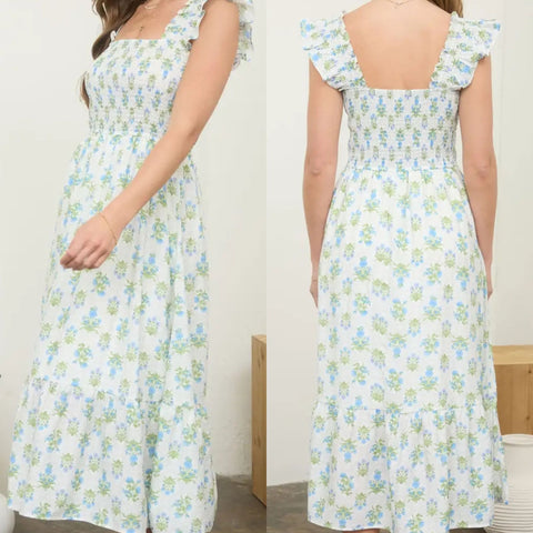 Floral Tile Pattern Smocked Sleeveless Midi Dress