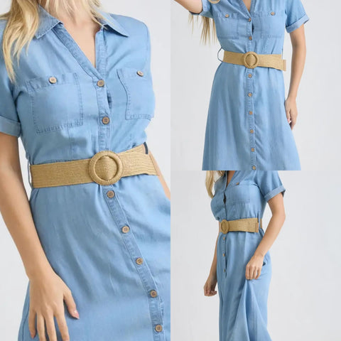 Collared Button-Down Cuff Sleeve Belted Midi Dress
