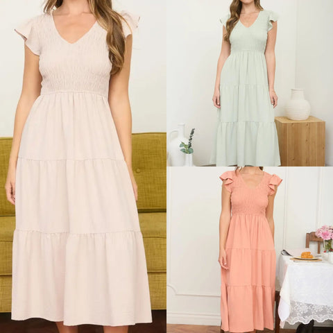 Flutter Sleeve V Neck Smocked Midi Dress