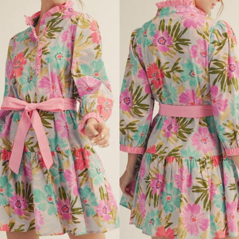 Waist Tie Floral Tiered Dress