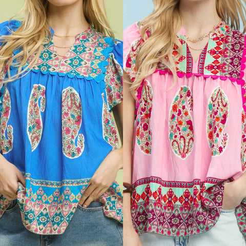 Smocked Print Flutter Sleeve Top