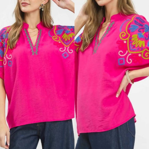 Multicolor Embroidered Split Neck Top