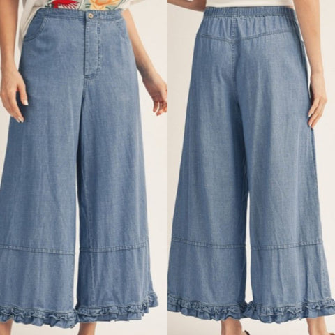 Ruffle Hem Detail Washed Denim Pants