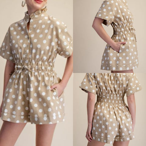Polka Dot Ruffle Neck Button Down Romper