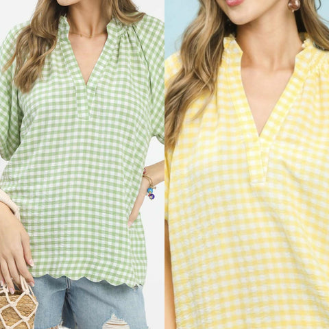Gingham Bubble Sleeve V-Neck Top With Scallop Hem