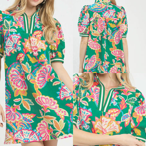 Jacquard Paisley Print Puff Sleeve Tunic Dress