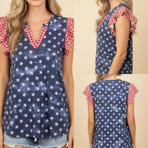 Star-Spangled Gingham Flutter Sleeve Top