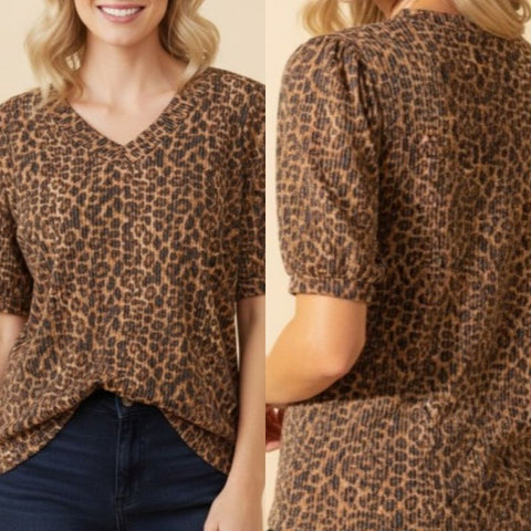 Leopard Print Textured Bubble-Sleeve Top