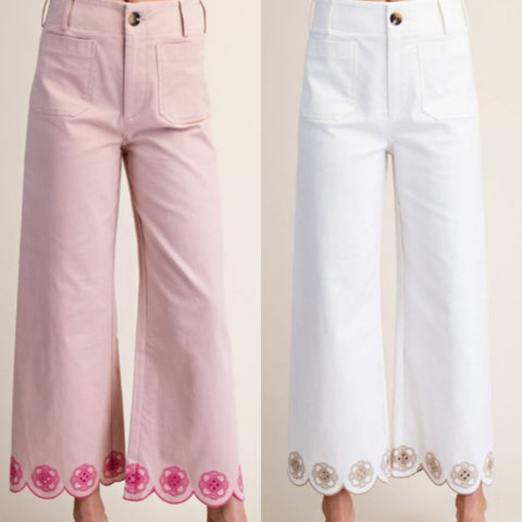 Embroidered Scallop-Hem Wide Leg Pants