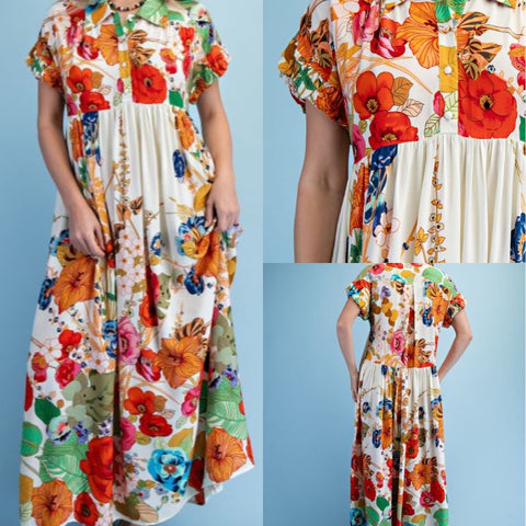 Floral Print Half Button Maxi Dress