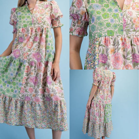 Mixed Print Tiered Midi Dress With A Ruffled Neck