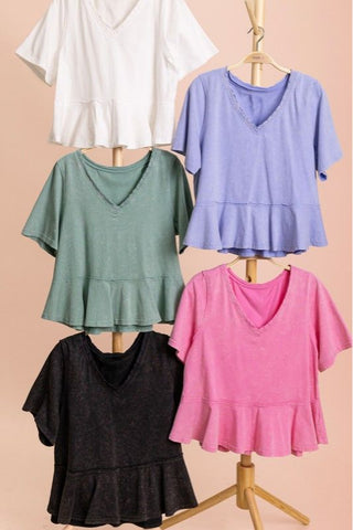 Lace Trim Detail Mineral Washed V-Veck Knit Top