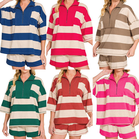 Striped Half Zip Top/Shorts Set