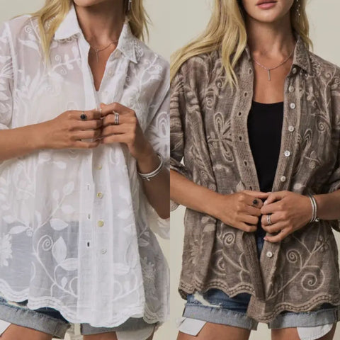 Boho Embroidered Button-Down Top