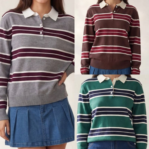Contrasting Collar Stripe Sweater