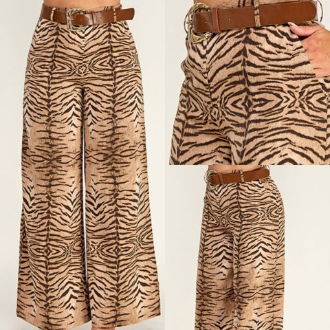 Printed Wide Leg Pants With Belt
