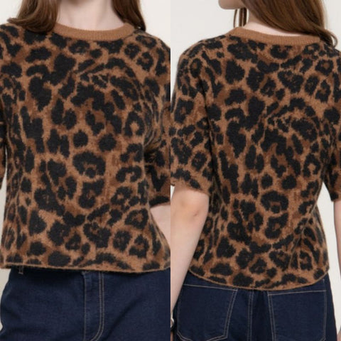 Short Sleeve Leopard Jacquard Sweater Top