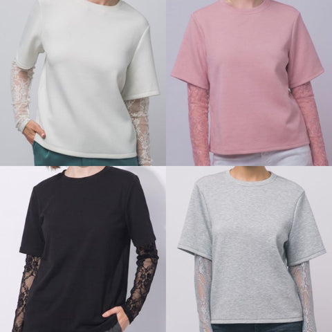 Solid Tee With Lace Sleeves