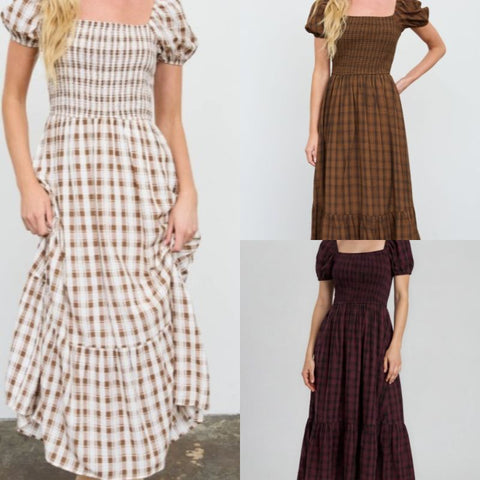 Plaid Smocked Puff Sleeve Tiered Midi Dress