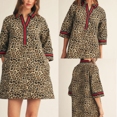 Color Rib Band Trim Leopard Dress