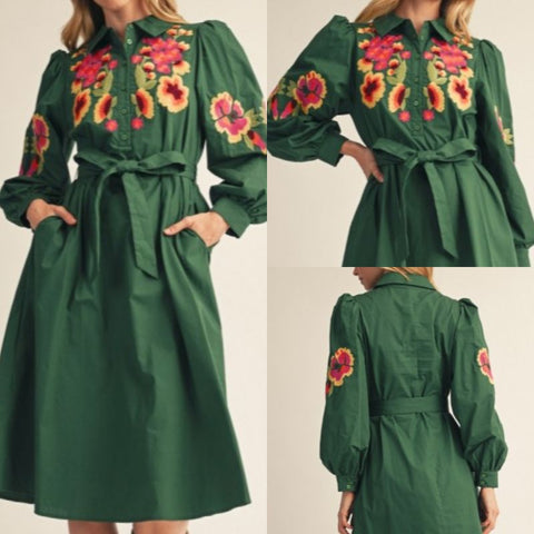 Floral Embroidered Waist Tie Midi Dress