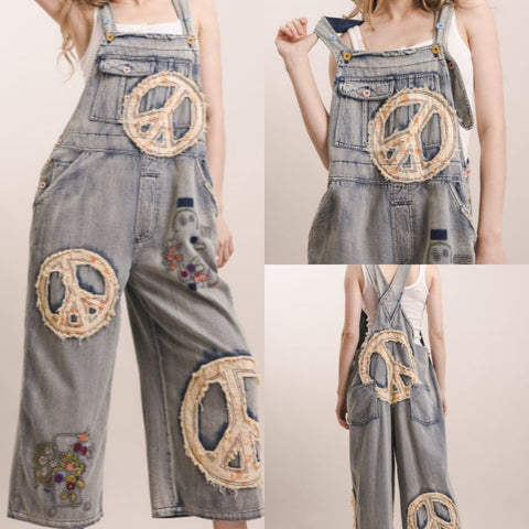 Peace Patchwork Embroidered Denim Overalls