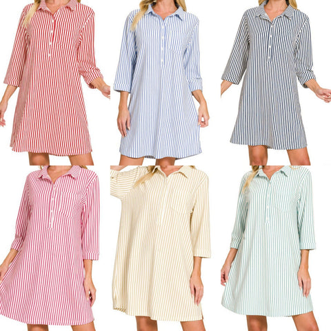 Collared Half Button Striped Dress