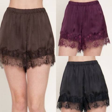 Waistband Lace Trim Satin Shorts