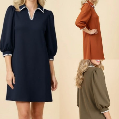 Scallop Trim Puff Sleeve Mini Shift Dress