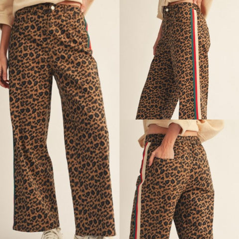 Color Rib Band Trim Accent Leopard Pants