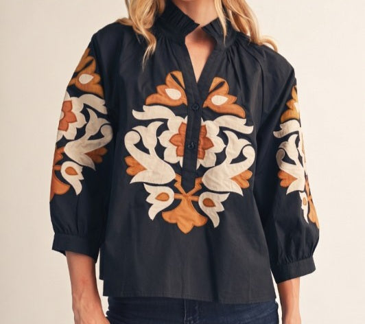 Ruffled Neckline Baroque Applique Top