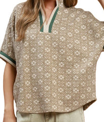 Jacquard Floral Textured Contrast Trim Pullover Top