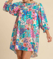 Mixed Floral Printed Dress With Ruffle Sleeves