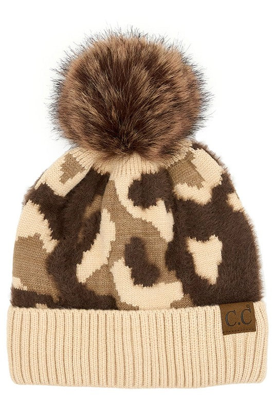 Abstract Camo Print Pom C.C Beanie