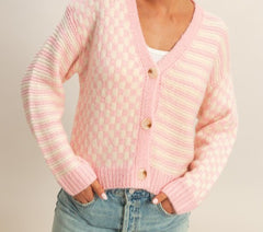 Checker/Stripe Contrast Knit Sweater