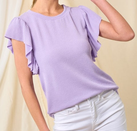 Solid Rib Top With Ruffle Sleeves