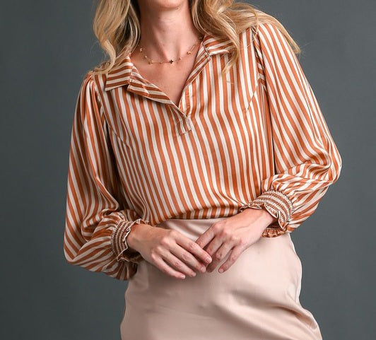 Striped Collared Long Sleeve Top