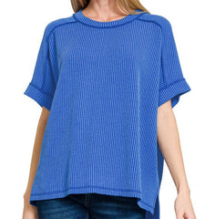 Raised Rib Cuff Sleeve Raw Edge Top