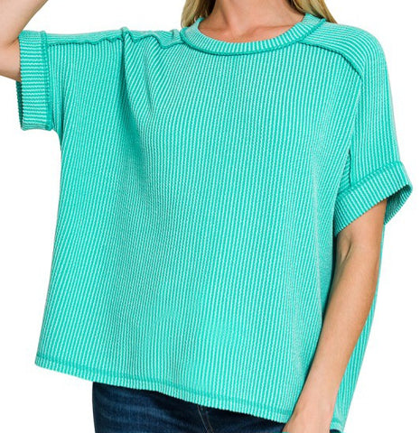 Raised Rib Cuff Sleeve Raw Edge Top