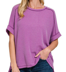 Raised Rib Cuff Sleeve Raw Edge Top