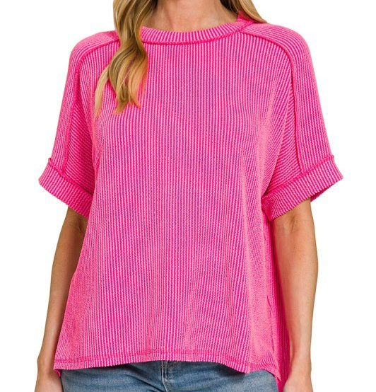 Raised Rib Cuff Sleeve Raw Edge Top