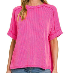 Raised Rib Cuff Sleeve Raw Edge Top