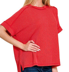 Raised Rib Cuff Sleeve Raw Edge Top