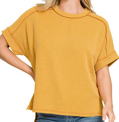 Raised Rib Cuff Sleeve Raw Edge Top
