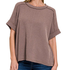 Raised Rib Cuff Sleeve Raw Edge Top